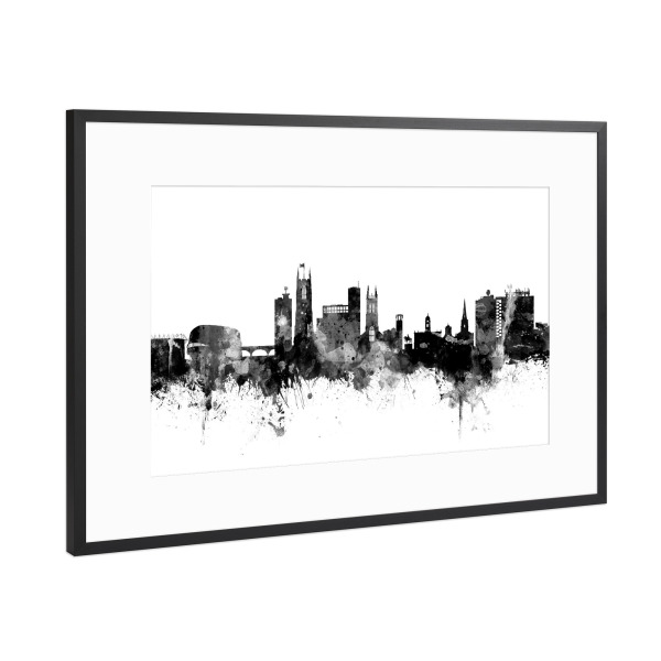 Poster mit Rahmen Schwarz (Metallic) "Derby England Skyline 2" artboxONE - Städte,Reise,Schwarzweiß