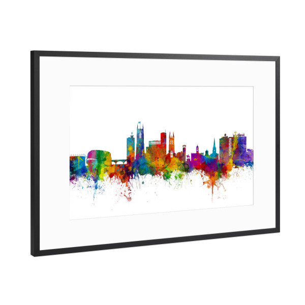 Poster mit Rahmen Schwarz (Metallic) "Derby England Skyline" artboxONE - Städte,Reise