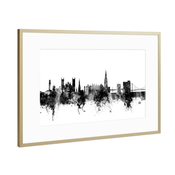 Poster mit Rahmen Gold "Exeter England Skyline 2" artboxONE - Städte,Reise,Schwarzweiß