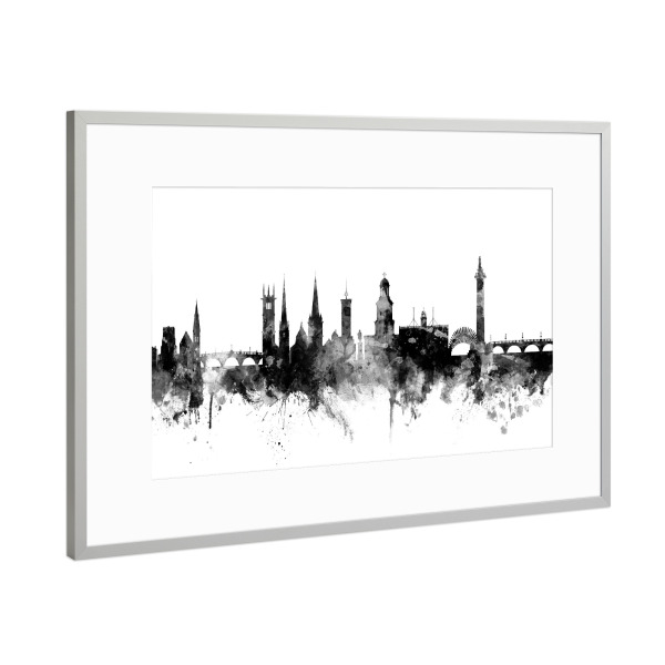Poster mit Rahmen Silber "Shrewsbury England Skyline 2" artboxONE - Städte,Reise,Schwarzweiß