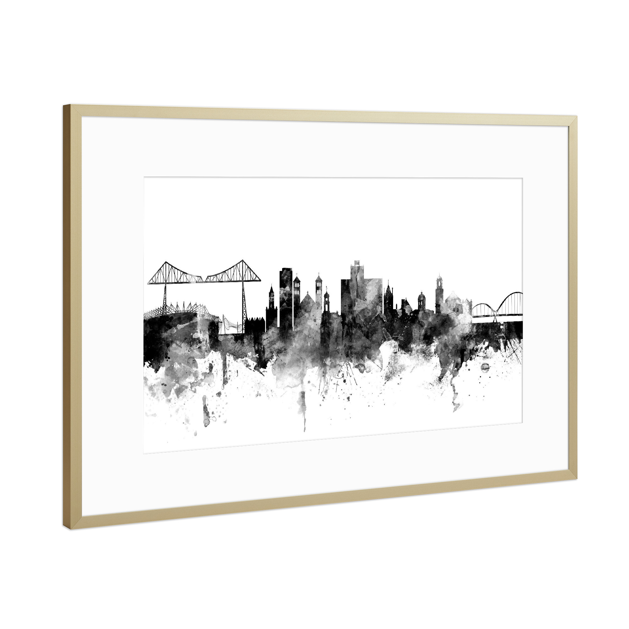 Poster mit Rahmen Gold "Middlesbrough England Skyline 2" artboxONE - Städte,Reise,Schwarzweiß