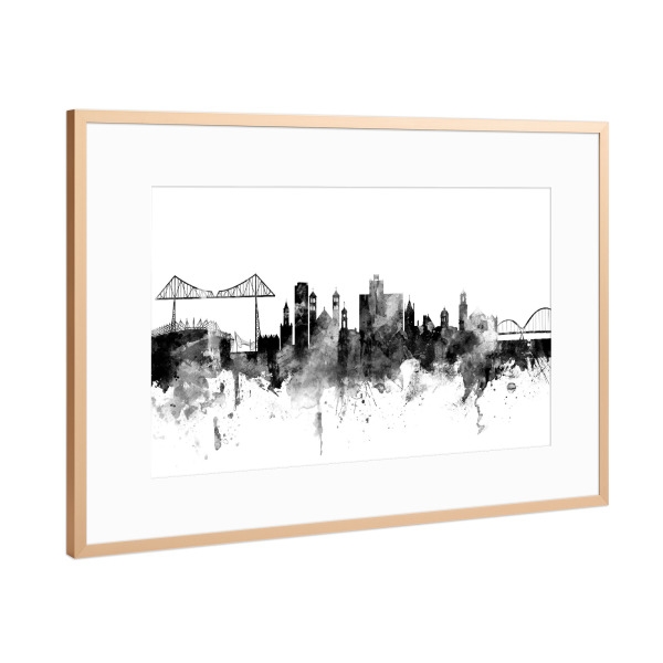 Poster mit Rahmen Kupfer "Middlesbrough England Skyline 2" artboxONE - Städte,Reise,Schwarzweiß