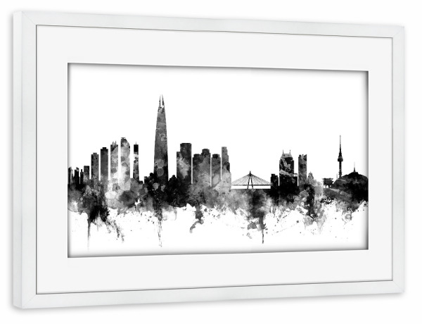 Poster mit Rahmen weiß "Seoul Skyline South Korea" artboxONE - Städte,Reise,Schwarzweiß
