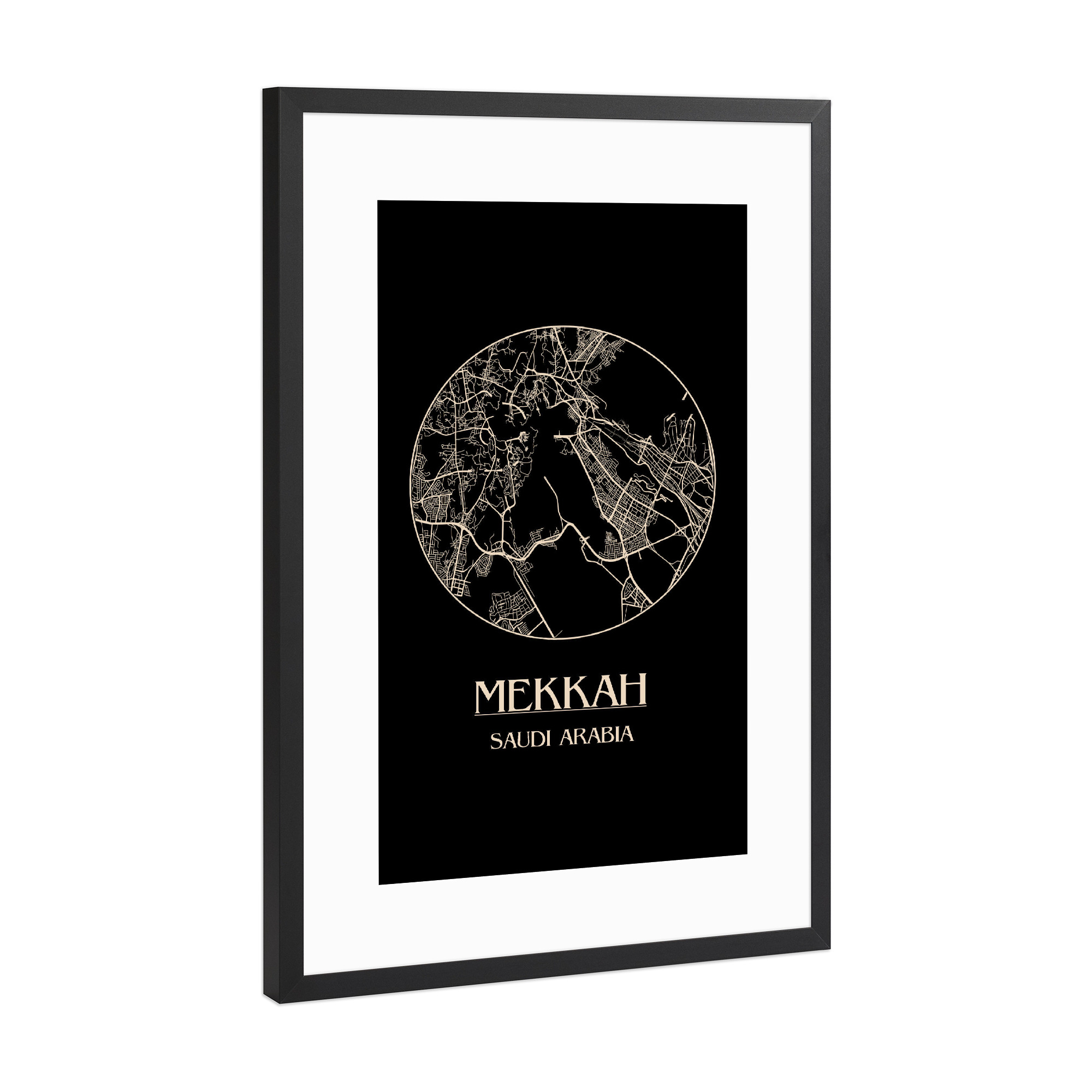 Poster mit Rahmen Schwarz (Metallic) "Retro Map of Mekkah" artboxONE - Reise,Städte / Weitere - Retro,Map,Mekkah,Saudi arabia,Mecca