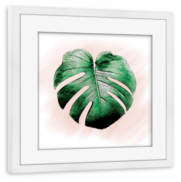 Poster mit Rahmen weiß "Monstera Leaf 2" artboxONE - Natur,Floral - Digital,Manipulation,Grün,Rosa,Weiß,Schwarzes,Photoshop,Monstera,Blatt,Natur