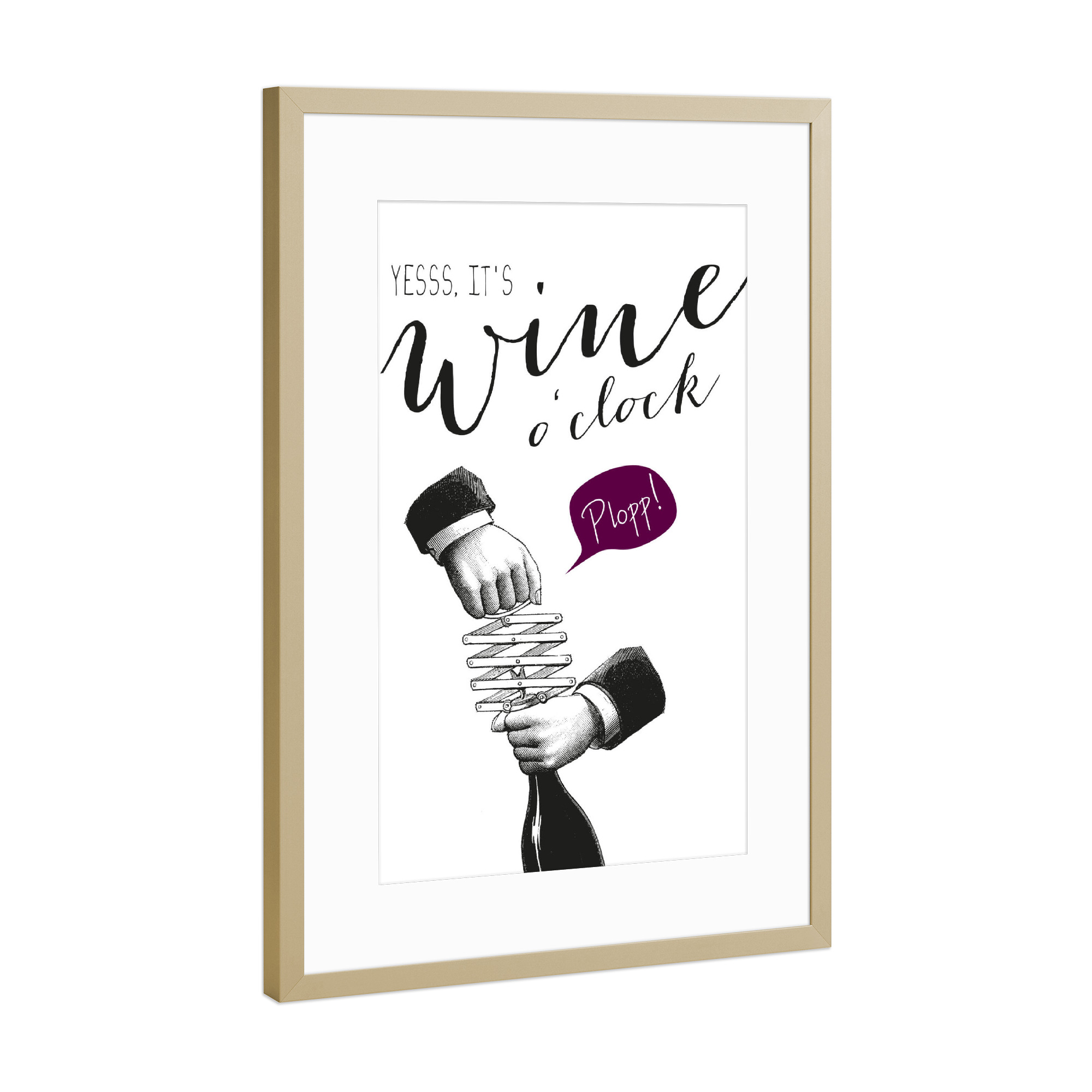 Poster mit Rahmen Gold "Wine o'clock" artboxONE - Typografie,Essen & Trinken,Schwarzweiß,Essen & Trinken / Alkohol
