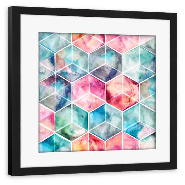 Poster mit Rahmen schwarz "Translucent Watercolor Hexagon Cubes" artboxONE - Geometrie - Sechseck,Aquarell,Wasserfareb,Marmor,Marmor