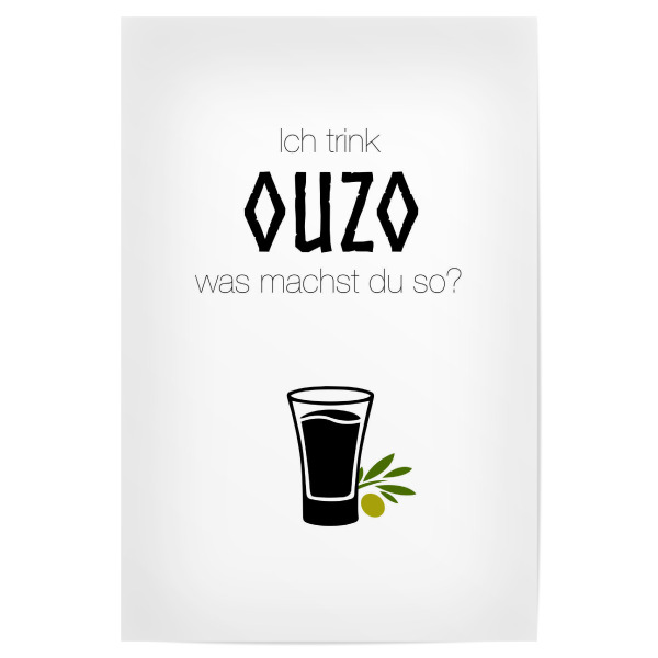Poster 30x20 cm "Ouzo" artboxONE - Typografie,Reise,Schwarzweiß,Für Papa,Männer,Essen & Trinken / Alkohol