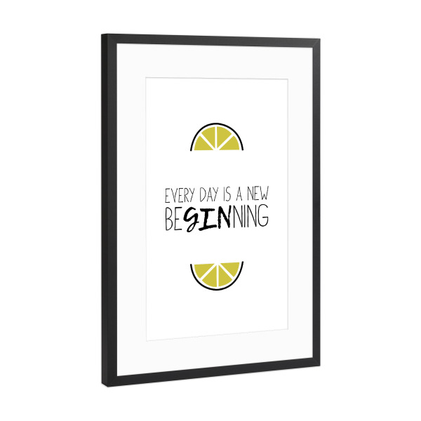 Poster mit Rahmen Schwarz (Metallic) "New BeGINnings" artboxONE - Typografie,Schwarzweiß,Für Papa,Männer,Essen & Trinken / Alkohol