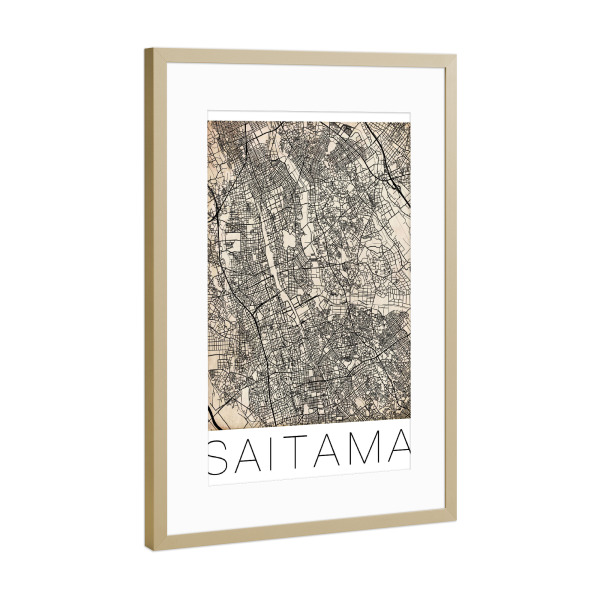 Poster mit Rahmen Gold "Retro Map of Saitama, Japan 2" artboxONE - Reise,Städte / Weitere - Retro map of saitama,Japan,Karte,Asien