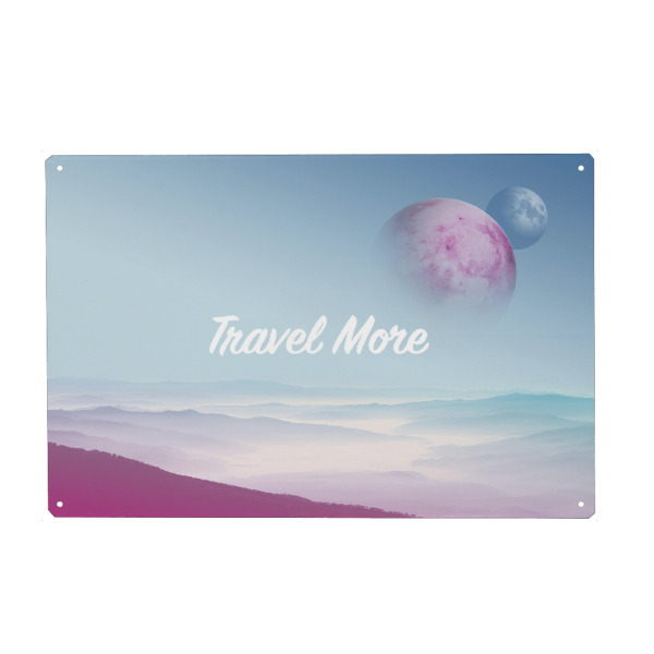 Metall Poster "Travel More 2" artboxONE - Typografie,Reise,Abstrakt,Reise / Strand und Meer - Mond,Reise,Berg,Monde,Reisen,Berge,Erleben,Leben,Nebel