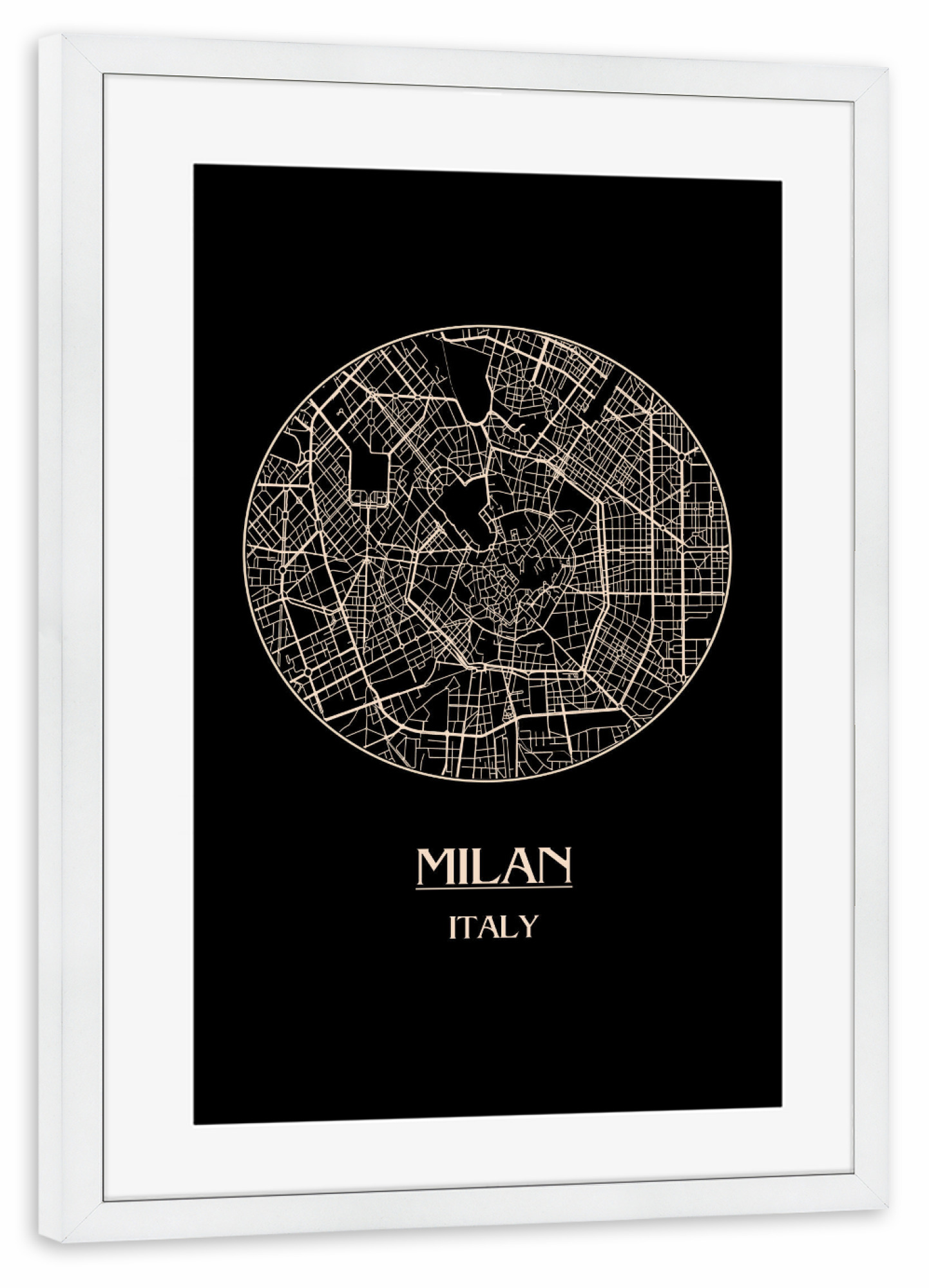 Poster mit Rahmen weiß "Retro Map Milan Italy" artboxONE - Reise,Städte / Mailand - Retro,Map,Milan,Italy,Italien