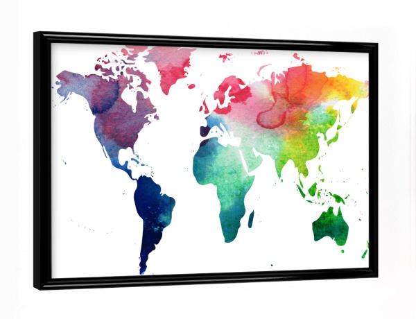 Poster mit schwarzem Rahmen "World Map Watercolor" artboxONE - Typografie,Abstrakt,Schwarzweiß,Kartografie