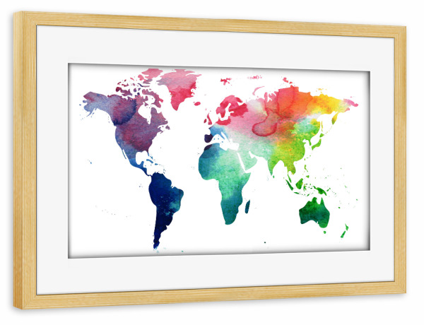 Poster mit Rahmen kiefer "World Map Watercolor" artboxONE - Typografie,Abstrakt,Schwarzweiß,Kartografie
