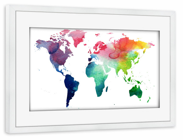 Poster mit Rahmen weiß "World Map Watercolor" artboxONE - Typografie,Abstrakt,Schwarzweiß,Kartografie