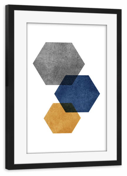 Poster mit Rahmen schwarz "Gold Blue Grey Hexagon" artboxONE - Abstrakt,Geometrie