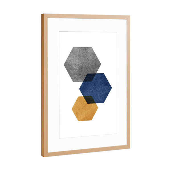 Poster mit Rahmen Kupfer "Gold Blue Grey Hexagon" artboxONE - Abstrakt,Geometrie