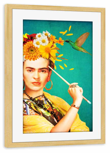 Poster mit Rahmen kiefer "Hummingbird Frida" artboxONE - Tiere,Menschen - Frida kahlo,Art,Hummingbird,Female,Woman,Frau,Bunt,Colorful,Kolibri