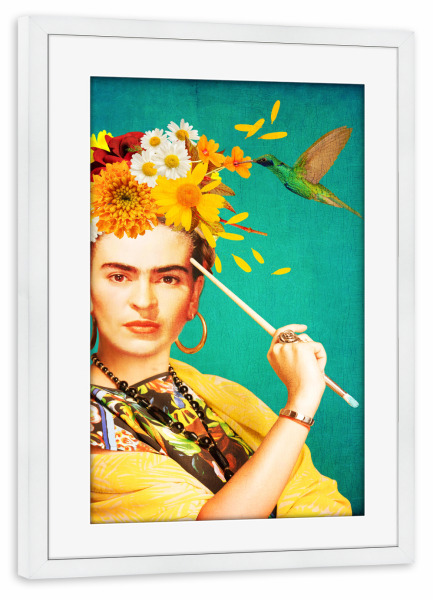 Poster mit Rahmen weiß "Hummingbird Frida" artboxONE - Tiere,Menschen - Frida kahlo,Art,Hummingbird,Female,Woman,Frau,Bunt,Colorful,Kolibri