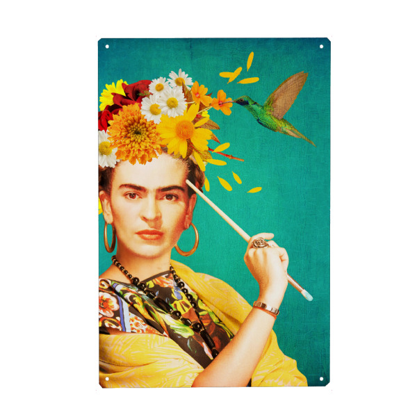 Metall Poster "Hummingbird Frida" artboxONE - Tiere,Menschen - Frida kahlo,Art,Hummingbird,Female,Woman,Frau,Bunt,Colorful,Kolibri - Blechschild