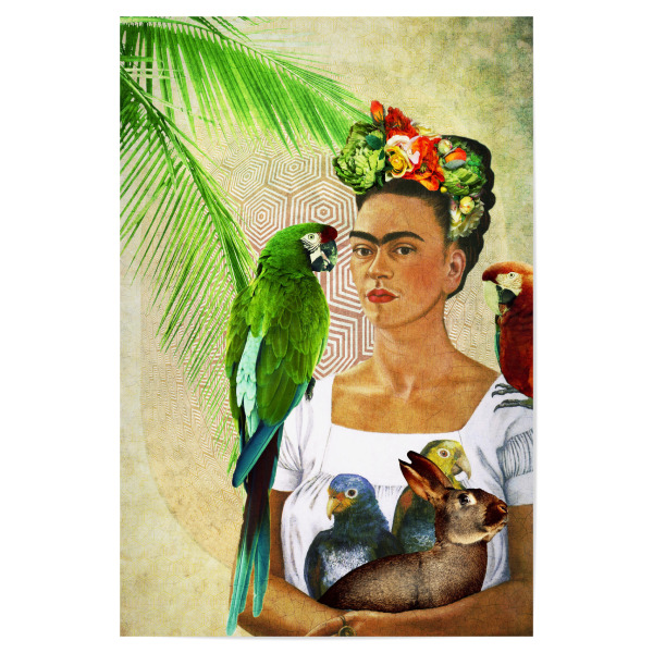 Poster 30x20 cm "Frida And Her Pets" artboxONE - Menschen - Frida kahlo,Haustiere,Frida,Kahlo,Pets,Bunt,Colorful,Tiere,Animals,Woman,Female,Frau,Stark