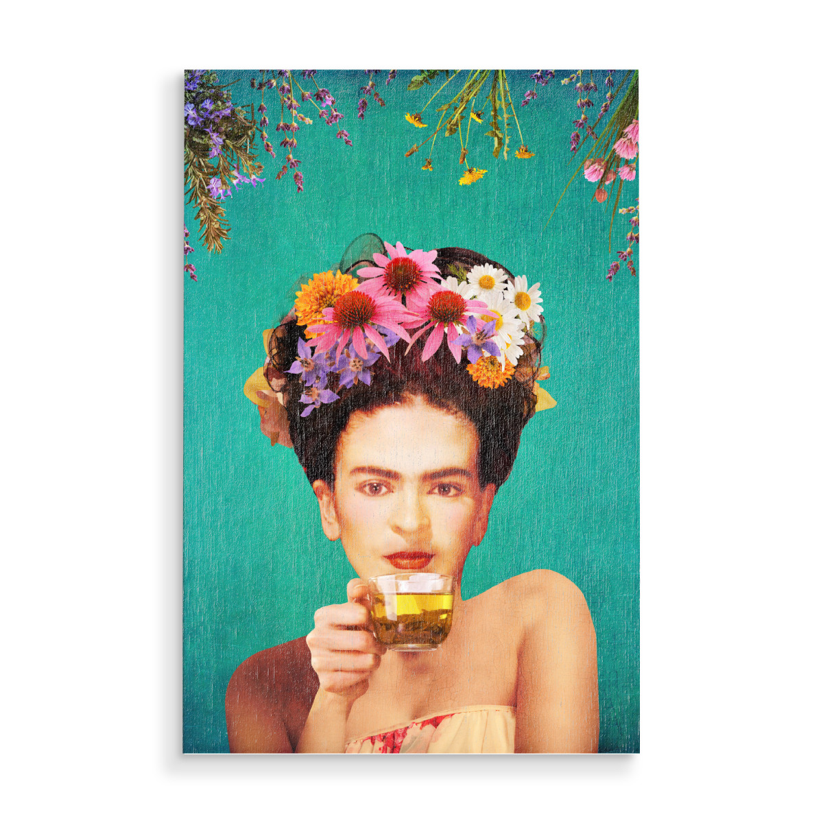 Frida Drinking Tea Teal als Holzbild bei artboxONE kaufen