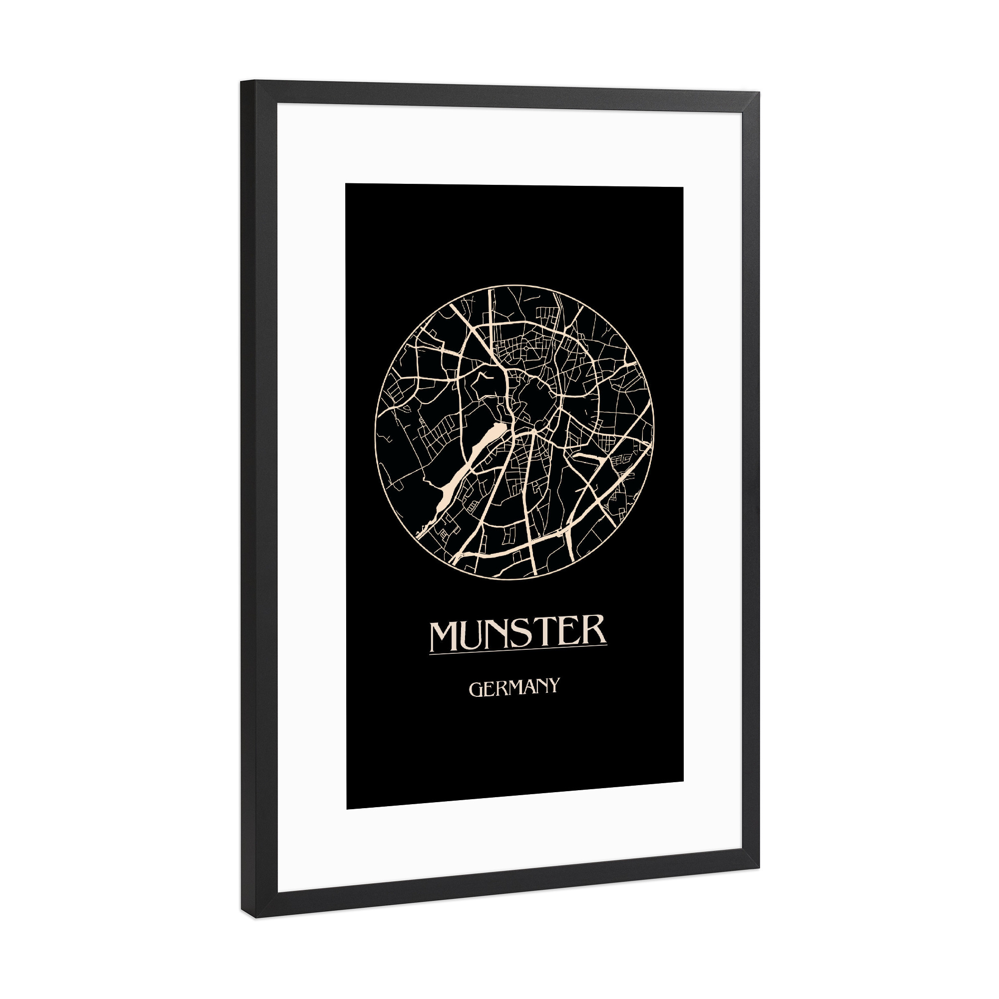 Poster mit Rahmen Schwarz (Metallic) "Retro Map of Munster Germany 3" artboxONE - Städte,Reise,Schwarzweiß,Städte / Weitere