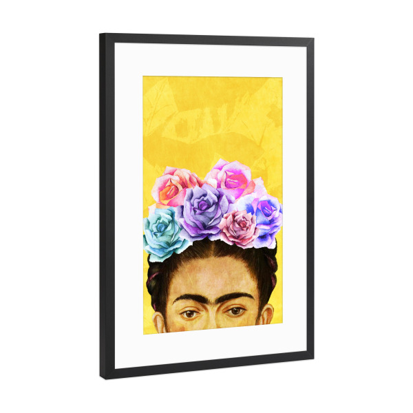 Poster mit Rahmen Schwarz (Metallic) "Peek-A-Boo Frida Yellow" artboxONE - Menschen - Frida kahlo,Flowers,Roses,Frida,Feminist,Powerfull,Woman