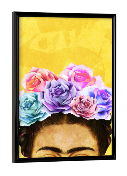 Poster mit schwarzem Rahmen "Peek-A-Boo Frida Yellow" artboxONE - Menschen - Frida kahlo,Flowers,Roses,Frida,Feminist,Powerfull,Woman