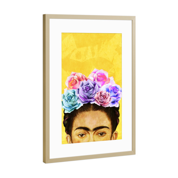 Poster mit Rahmen Gold "Peek-A-Boo Frida Yellow" artboxONE - Menschen - Frida kahlo,Flowers,Roses,Frida,Feminist,Powerfull,Woman