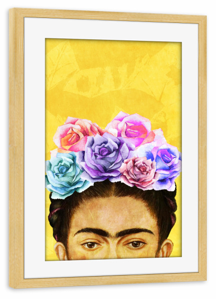 Poster mit Rahmen kiefer "Peek-A-Boo Frida Yellow" artboxONE - Menschen - Frida kahlo,Flowers,Roses,Frida,Feminist,Powerfull,Woman