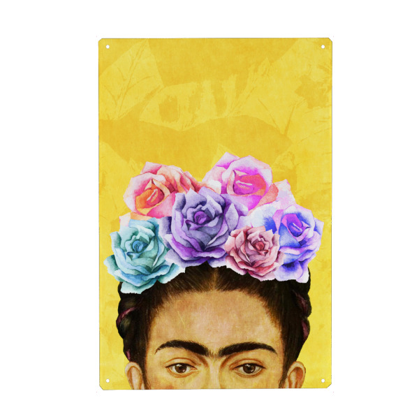 Metall Poster "Peek-A-Boo Frida Yellow" artboxONE - Menschen - Frida kahlo,Flowers,Roses,Frida,Feminist,Powerfull,Woman - Blechschild