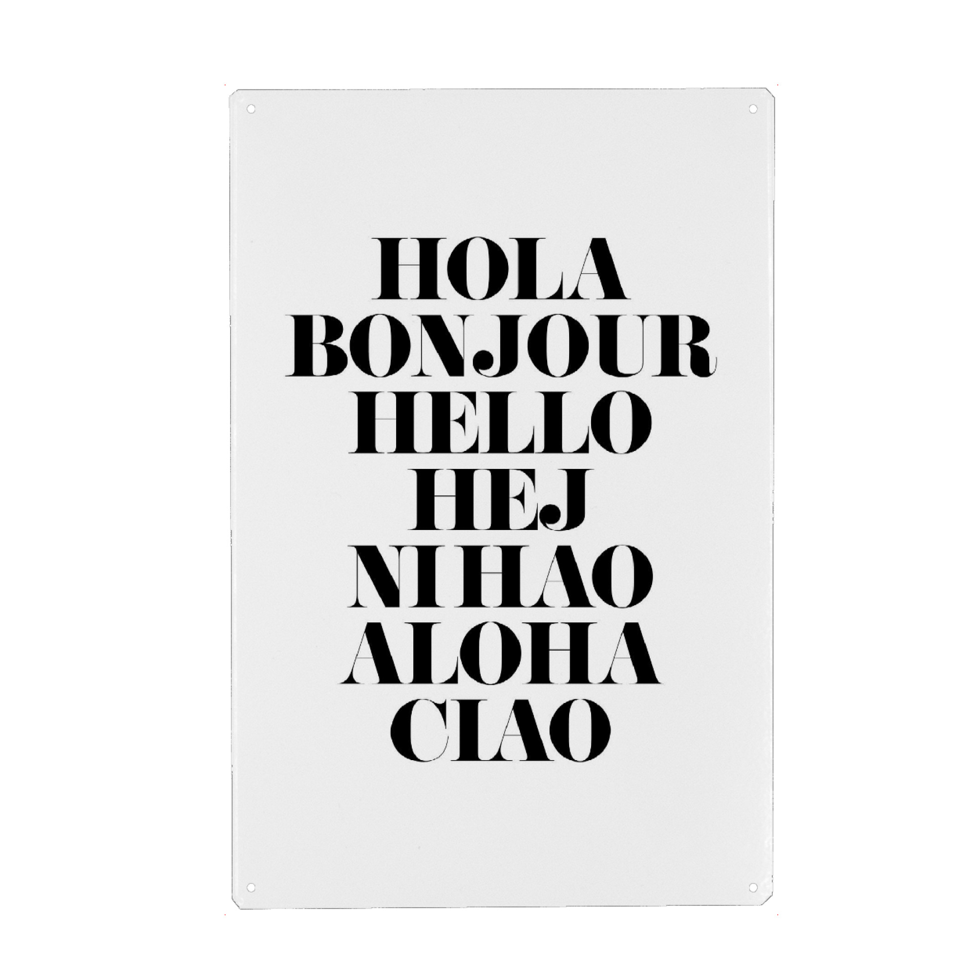 Holzbild "Hello" artboxONE - Typografie,Reise,Schwarzweiß - Hallo,Hallo,Bonjour,Hola,Hej,Nihao,Akoha,Ciao,Begrüssung