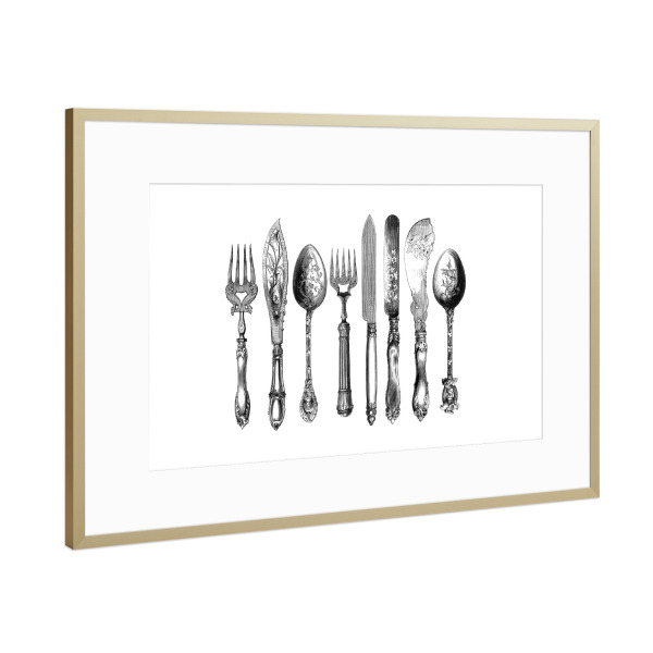 Poster mit Rahmen Gold "Vintage Cutlery Print" artboxONE - Typografie,Essen & Trinken,Schwarzweiß
