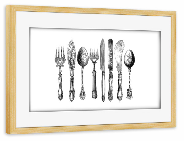 Poster mit Rahmen kiefer "Vintage Cutlery Print" artboxONE - Typografie,Essen & Trinken,Schwarzweiß