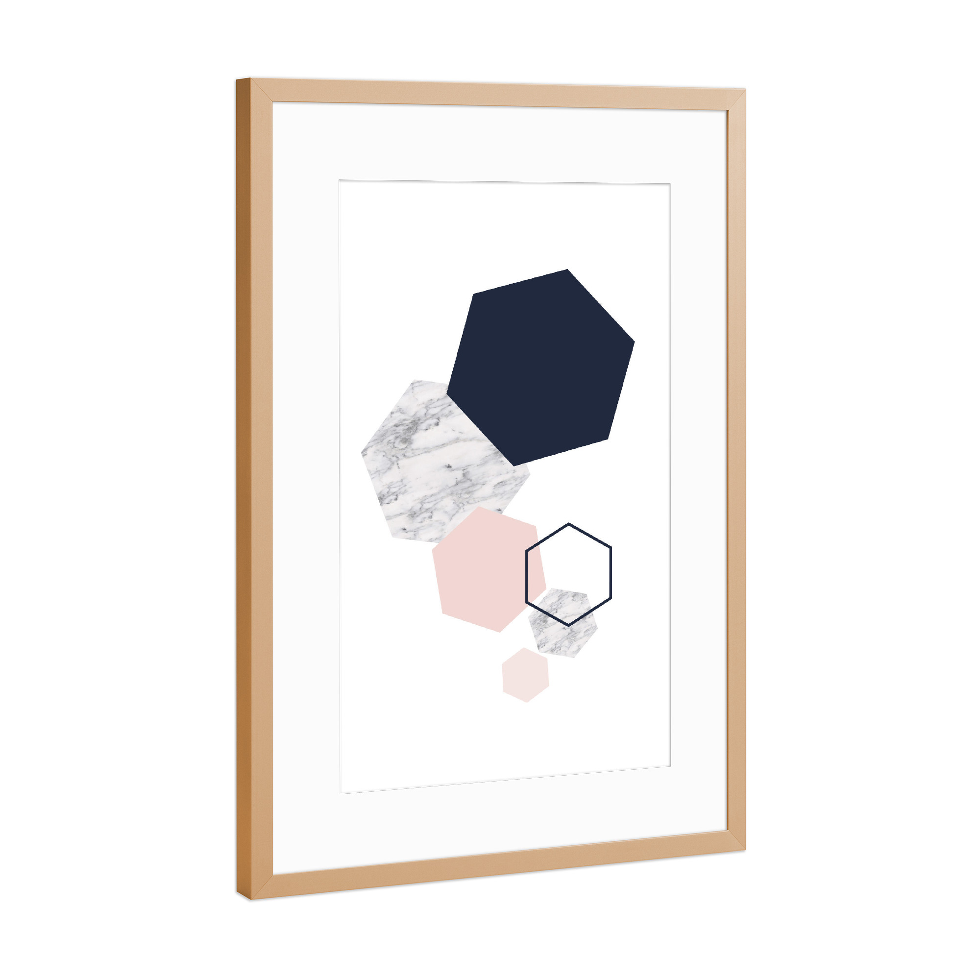 Poster mit Rahmen Kupfer "Hexagon navy, pink and marble art" artboxONE - Abstrakt,Geometrie,Marmor