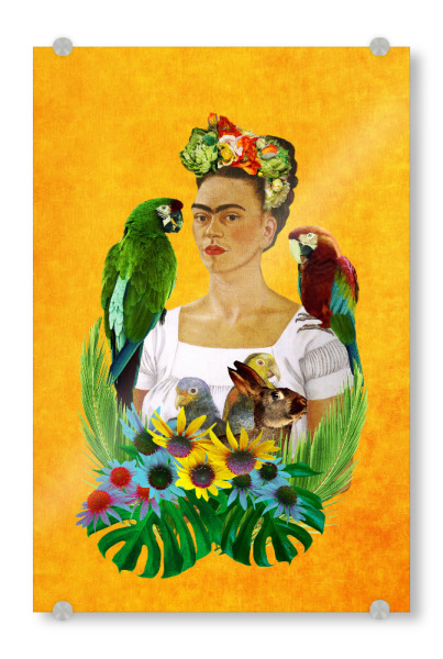 Acrylglasbild "Viva La Frida Orange" artboxONE - Menschen - Mexican,Tropical,Frida,Frida kahlo,Parrots,Tropical birds