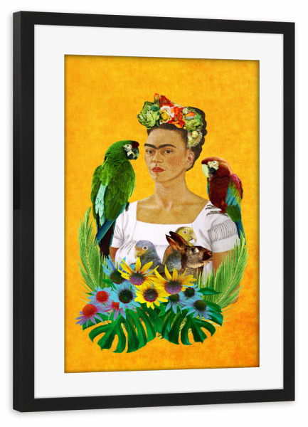 Poster mit Rahmen schwarz "Viva La Frida Orange" artboxONE - Menschen - Mexican,Tropical,Frida,Frida kahlo,Parrots,Tropical birds