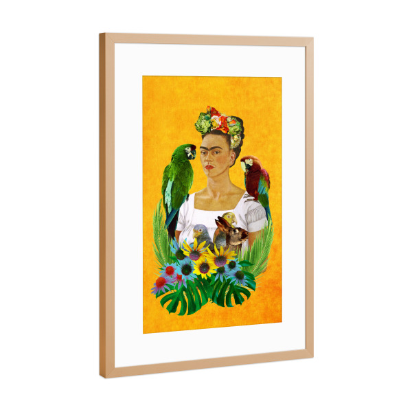 Poster mit Rahmen Kupfer "Viva La Frida Orange" artboxONE - Menschen - Mexican,Tropical,Frida,Frida kahlo,Parrots,Tropical birds