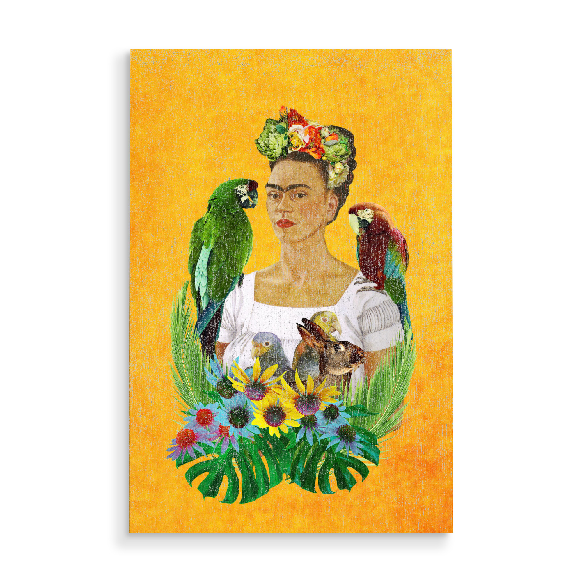 Holzbild "Viva La Frida Orange" artboxONE - Menschen - Mexican,Tropical,Frida,Frida kahlo,Parrots,Tropical birds