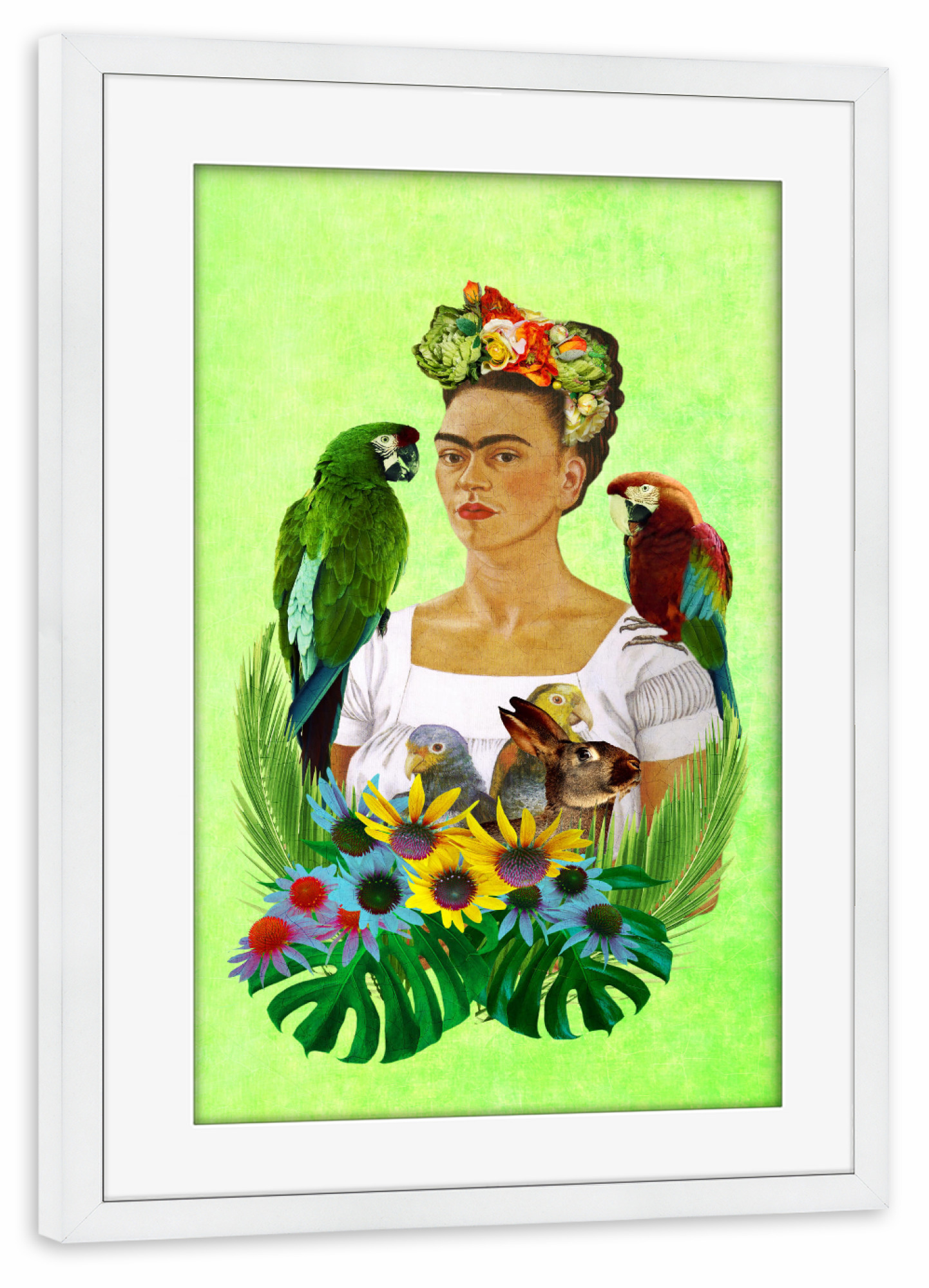 Poster mit Rahmen weiß "Viva La Frida Green" artboxONE - Menschen - Mexican,Tropical,Frida kahlo,Tropical birds,Parrots,Parrot,Frida,Viva la frida