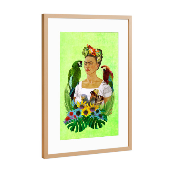 Poster mit Rahmen Kupfer "Viva La Frida Green" artboxONE - Menschen - Mexican,Tropical,Frida kahlo,Tropical birds,Parrots,Parrot,Frida,Viva la frida