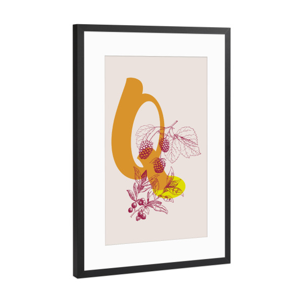Poster mit Rahmen Schwarz (Metallic) "Q" artboxONE - Typografie,Natur,Floral,Für Kinder - Q,Buchstabe,Früchte,Vintage,Alphabet,Blätter,Pflanze
