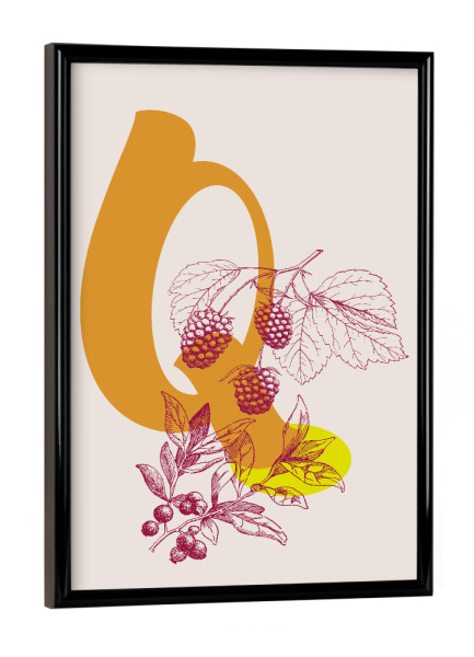 Poster mit schwarzem Rahmen "Q" artboxONE - Typografie,Natur,Floral,Für Kinder - Q,Buchstabe,Früchte,Vintage,Alphabet,Blätter,Pflanze