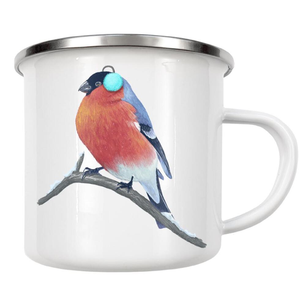 Emaille Tasse "Winter bullfinch" artboxONE - Tiere,Weihnachten - Vogel,Vögel,Gimpel,Tier,Tiere,Winter,Schnee,Kopfhörer