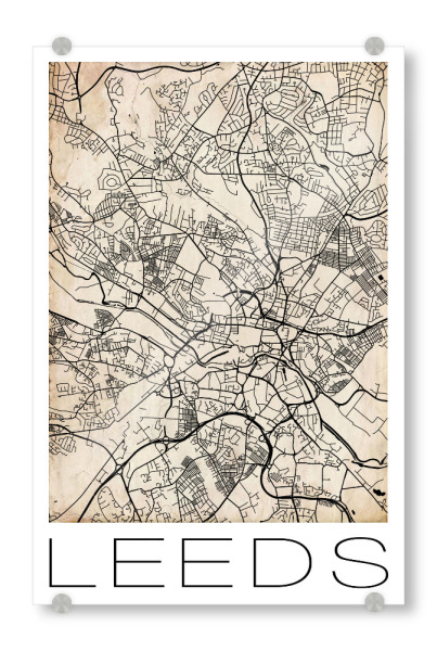 Acrylglasbild "Retro Map of Leeds England 2" artboxONE - Städte,Reise,Schwarzweiß,Städte / Weitere,Kartografie
