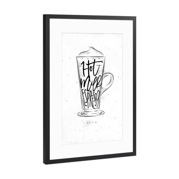 Poster mit Rahmen Schwarz (Metallic) "Coffee Latte cup lettering" artboxONE - Essen & Trinken,Schwarzweiß