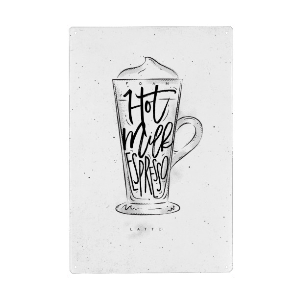 Metall Poster "Coffee Latte cup lettering" artboxONE - Essen & Trinken,Schwarzweiß
