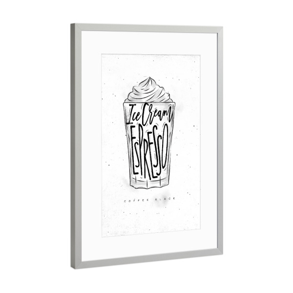 Poster mit Rahmen Silber "Coffee glace cup lettering" artboxONE - Essen & Trinken,Schwarzweiß