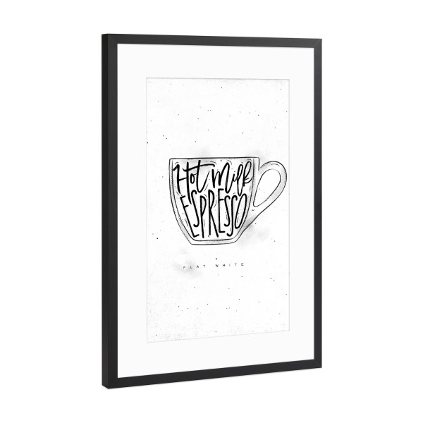 Poster mit Rahmen Schwarz (Metallic) "Flat White cup lettering" artboxONE - Essen & Trinken,Schwarzweiß